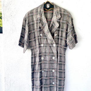Vintage Japanese Linen Plaid Double Breasted Dress Menswear Shirtdress image 1