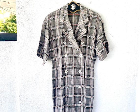 Vintage Japanese Linen Plaid Double Breasted Dress Menswear Shirtdress