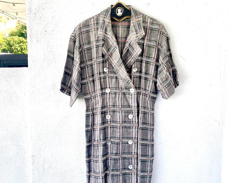 Vintage Japanese Linen Plaid Double Breasted Dress Menswear Shirtdress image 1