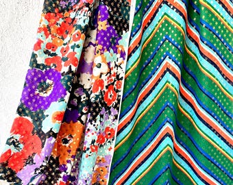 Vintage 1970s Rainbow Metallic Gold Striped Bright Floral Fabric Nylon Funky Bold 70s Fabric