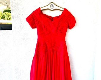 Vintage Arnold Scaasi Henri Bendel Dress Red Silk Chiffon Off Shoulder Dress with Boning