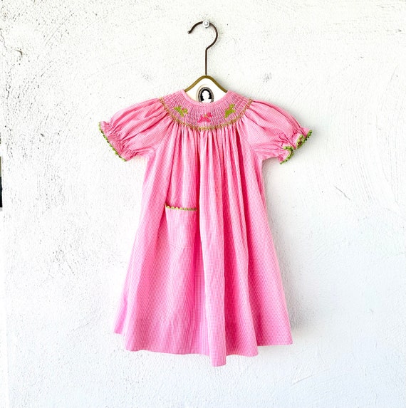 Vintage Girls Smocked Gingham Swing Dress Embroid… - image 1