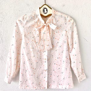 Vintage 50s 60s Floral Bow Tie Collar Shirt White Pink Collared Top image 1