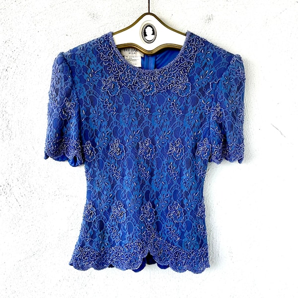 Vintage 80s 90s Lace Beaded Shirt Scalloped Lace Top