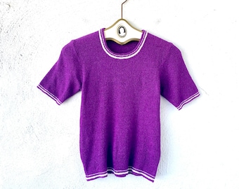 Vintage 60s 70s Sweater Knit Top Tight Purple Shirt