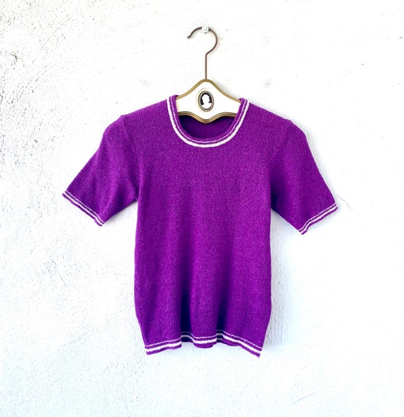 Vintage 60s 70s Sweater Knit Top Tight Purple Shi… - image 1