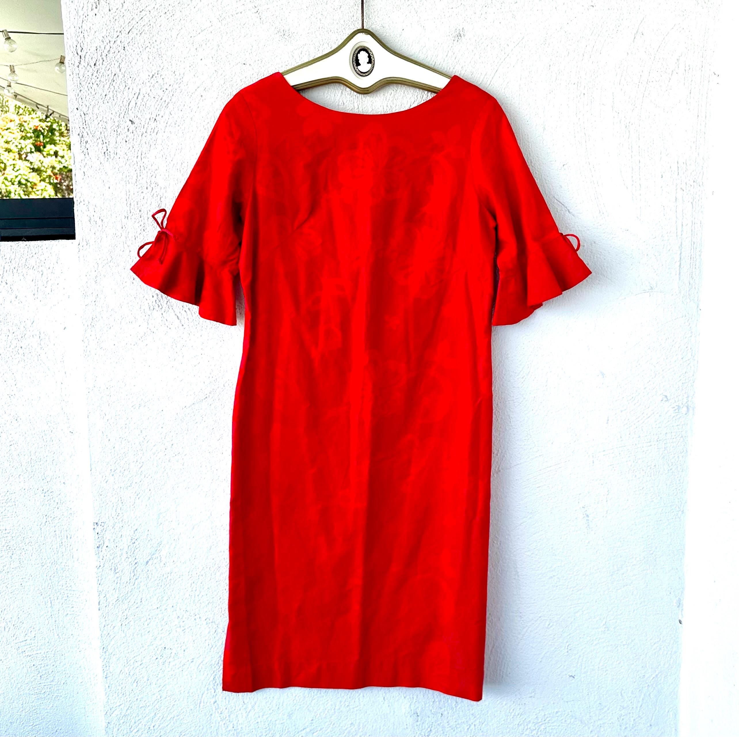 Vintage 50s 60s Hawaiian Dress Bell Sleeve 1950s 1960s Red Floral ...