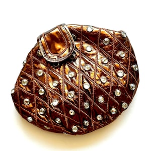 Vintage 80s Metallic Bronze Rhinestone Shoulder Bag 1980s Round Purse Clutch Handbag