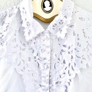 Vintage 80s Lace Cutout Collared Satin Shirt Avant Garde White Top