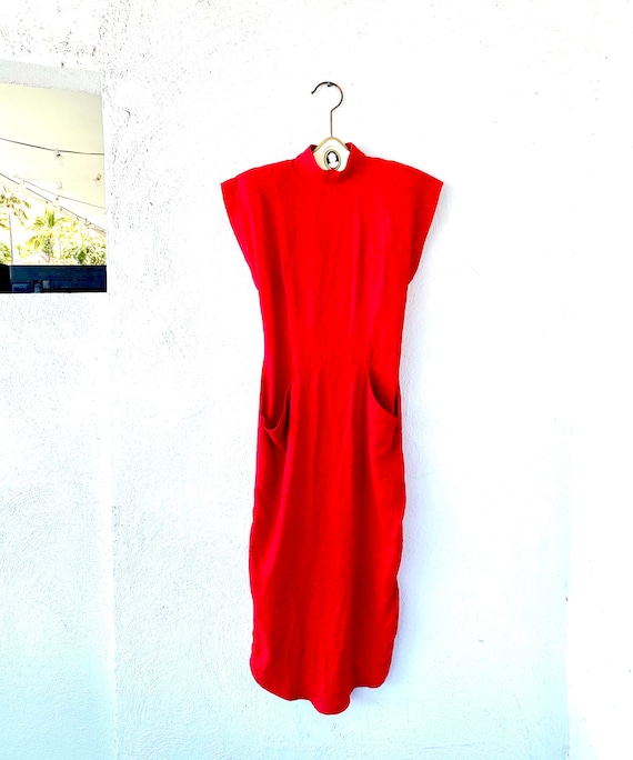 Vintage 80s Strong Shoulder High Neck Red Dress wi