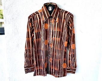 Vintage 70s Sunset Trees Large Collar Disco Shirt Nylon Striped 1970s Forest Top