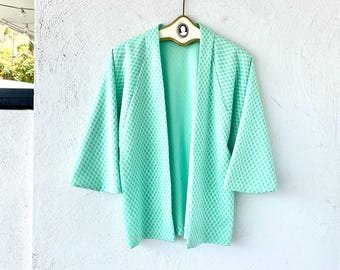 Cárdigan estilo kimono vintage de los años 70, chaqueta ligera de concepto abierto en verde menta y azul de los años 70