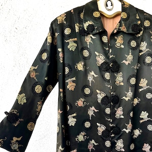 Antique 1940s Asian Embroidered Silk Jacket 40s Black Floral Long Dress Coat with Collar