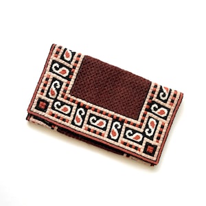 Vintage 60s 70s Boho Embroidered Foldover Clutch Purse // Brown Crochet Handbag Pouch Bag