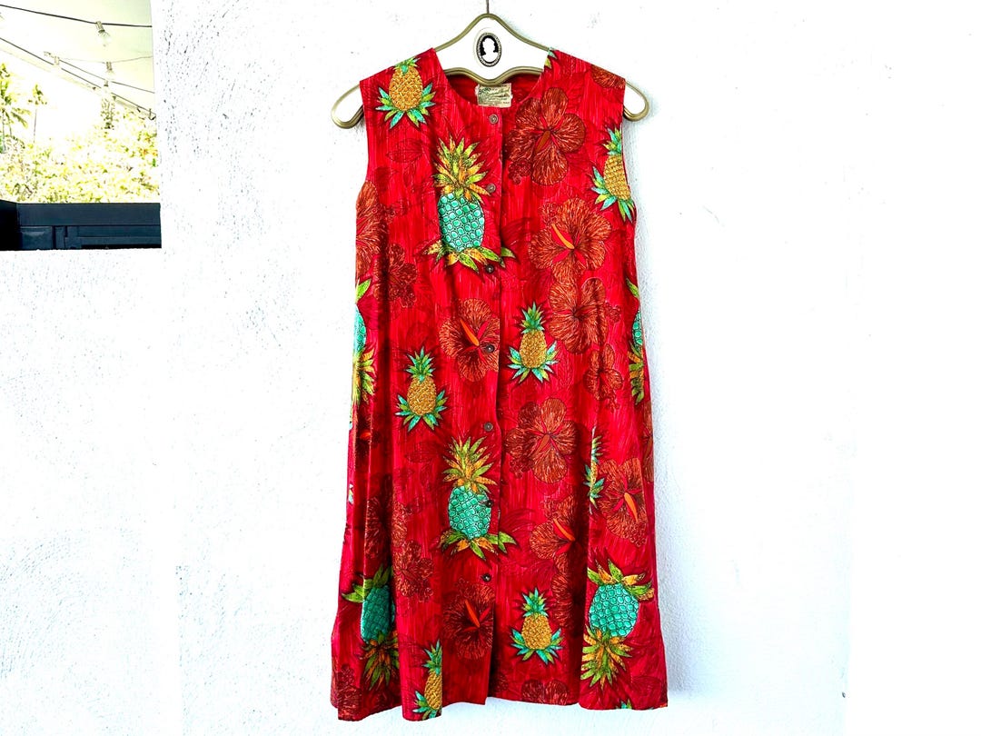 Vintage 60s Hawaiian Pineapple Dress 1960s Hawaii Red Hibiscus Floral ...