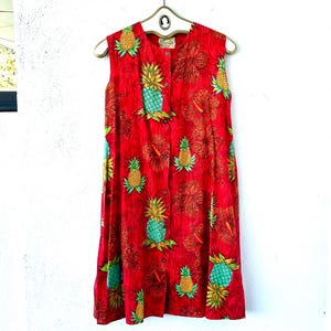Vintage 60s Hawaiian Pineapple Dress 1960s Hawaii Red Hibiscus Floral Swing Shirtdress