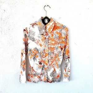 Vintage 70s Large Collar Nature Shirt 1970s Bird Floral Tree Top