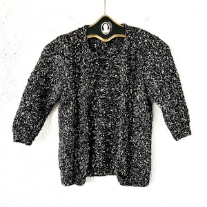 Vintage 70s 80s Metallic Cardigan Chunky Black Gold Sweater Knit Shirt Top