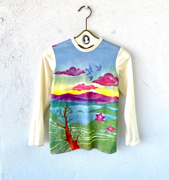 Vintage 70s Airbrush Rainbow Shirt 1970s Mountain… - image 1