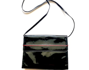 Vintage 80s Valentino Bag Patent Leather Clutch Black Shoulder Purse