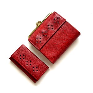 Cartera vintage de cuero rojo de los años 70, monedero y llavero de los años 70