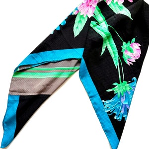 Vintage 80s 90s Silk Scarf Black Blue Chrysanthemum 1980s 1990s Hair Accessory