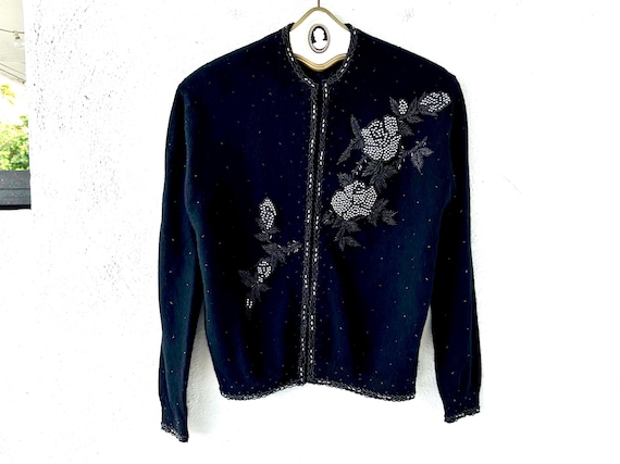 Vintage 50s Beaded Floral Cardigan Black Silver 1950s Sweater Rose Lambswool Angora