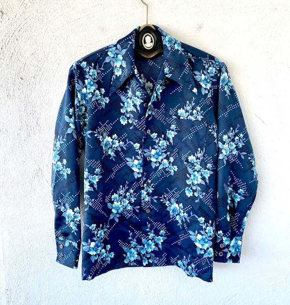 Vintage 70s Dagger Collar Disco Shirt Blue Butter… - image 1