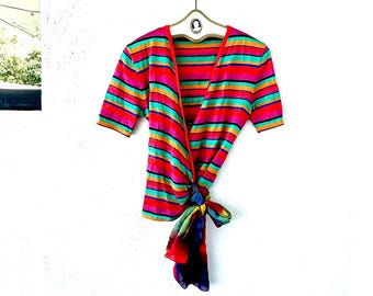Vintage Rainbow Knit Wrap Shirt 90s Y2k Bright Striped Top