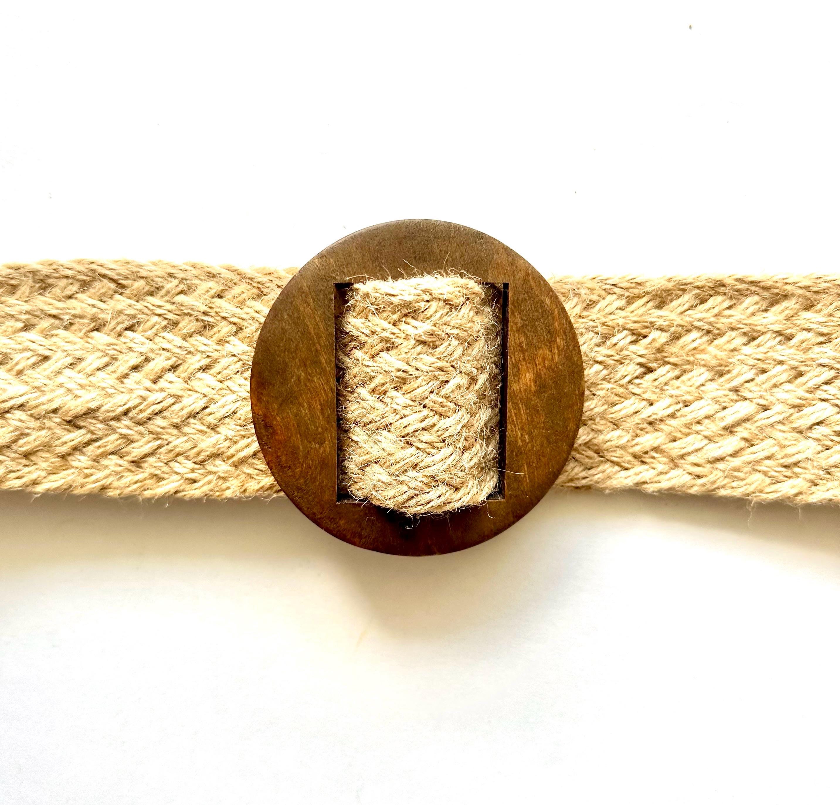 Vintage 70s Woven Belt 1970s Raffia Natural Wood Buckle Belt  display picture 1