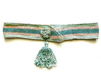 Vintage Boho Woven Belt Striped Hippie Wide Sash Pink Blue Tie Belt