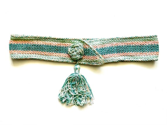 Vintage Woven Stripe Belt Womens Small Pink Blue Natural Straw Eco Boho Holiday Vintage Boho Woven Belt Striped Hippie Wide Sash Pink Blue  main image 2