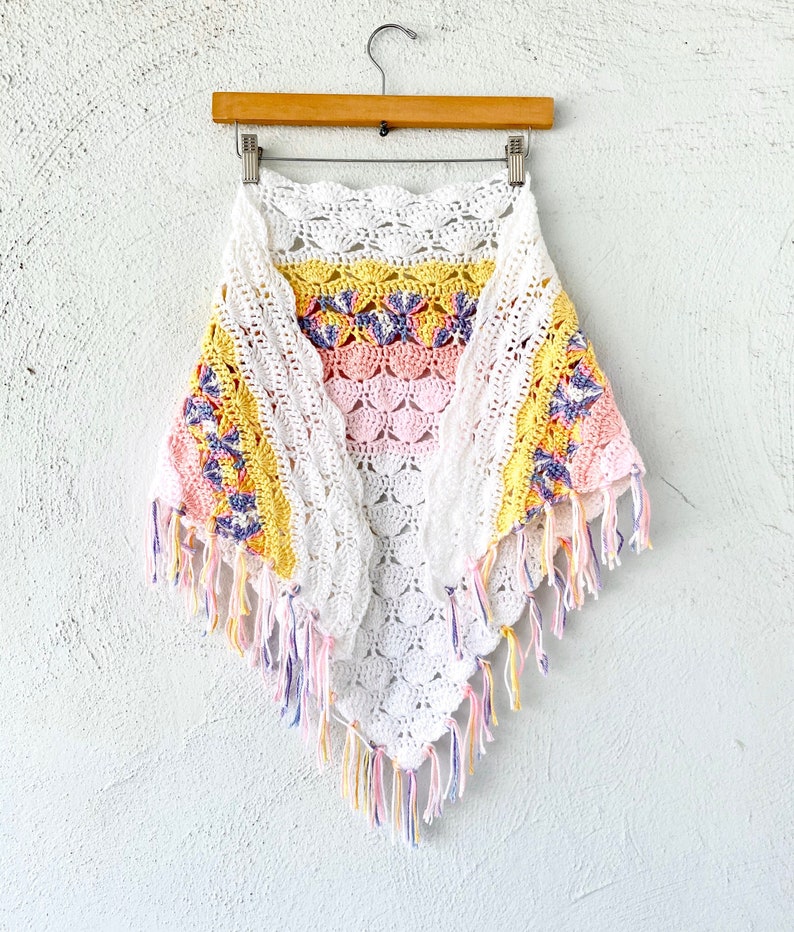 Vintage Crochet Pastel Rainbow Boho Swimsuit Cape Poncho Coverup // White Knit Shawl Wrap Skirt image 2