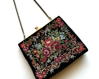 Vintage 1950s Petite Point Bag Embroidered Floral Clutch Rose 50s Handbag