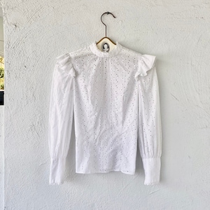 Vintage 70s Victorian Revival Eyelet Lace Shirt High Neck White Ruffle 1970s Top