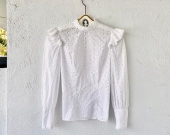 Vintage 70s Victorian Revival Eyelet Lace Shirt High Neck White Ruffle 1970s Top