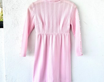 Vintage 1960s Pink Babydoll Knit Dress 60s Turtleneck Cutout Dress