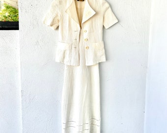 Vintage 90s Indian Gauze Boho Dress Crinkle White Hippie Jacket Shirt Lace Dress Set