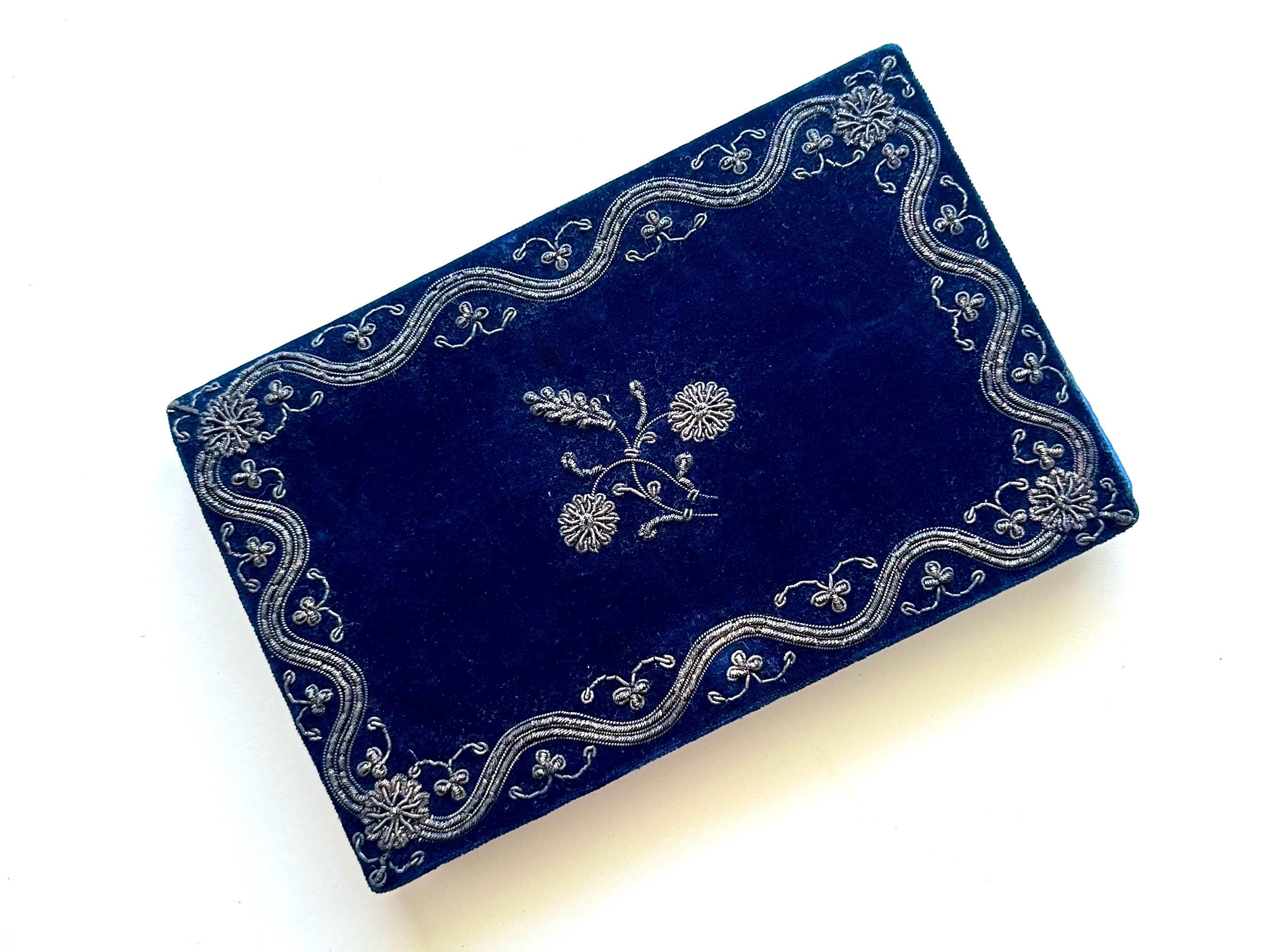 Vintage 50s Zardozi Embroidered Silver Blue Velvet Bag Metallic Embroidery Clutch 