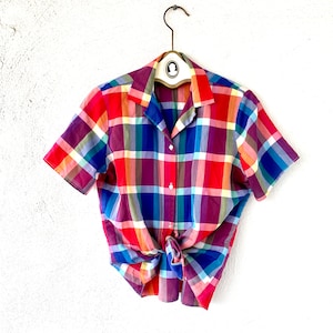 Vintage 70s Plaid Rainbow Shirt 1970s Colorful Collared Top