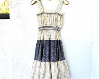 Vintage 70s Prairie Smocked Dress // Ruffle Tiered Cottage Babydoll Dress
