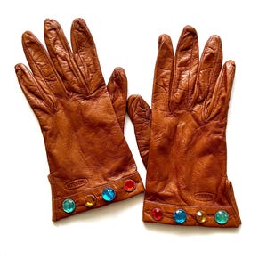 Vintage Driving Gloves Leather Pearl Snap Brown Winter Gloves NOS New