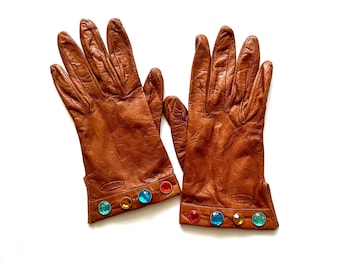 Vintage Driving Gloves Leather Pearl Snap Brown Winter Gloves NOS New