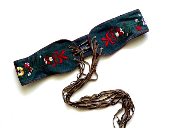 Vintage 90s Y2k Boho Embroidered Denim Corset Belt Lace up  display picture 3