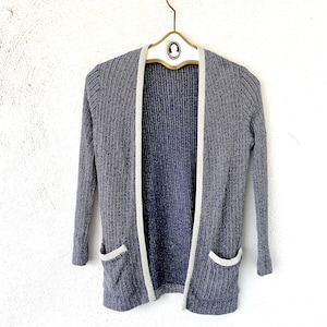 Vintage 70s Disco Glam Metallic Silver Knit Ribbed Sweater Open Concept Cardigan Preppy Top