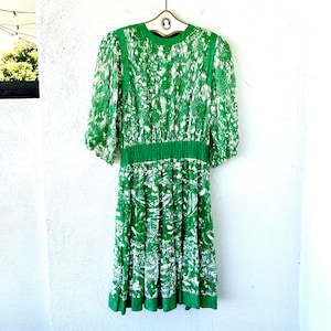 Vintage Diane Fréis 80s Dress Green 1980s Embroidered Silk Dress