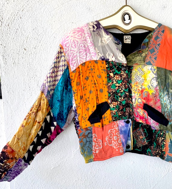 Vintage 90s Patchwork Cropped Jacket 1990s Boho C… - image 3