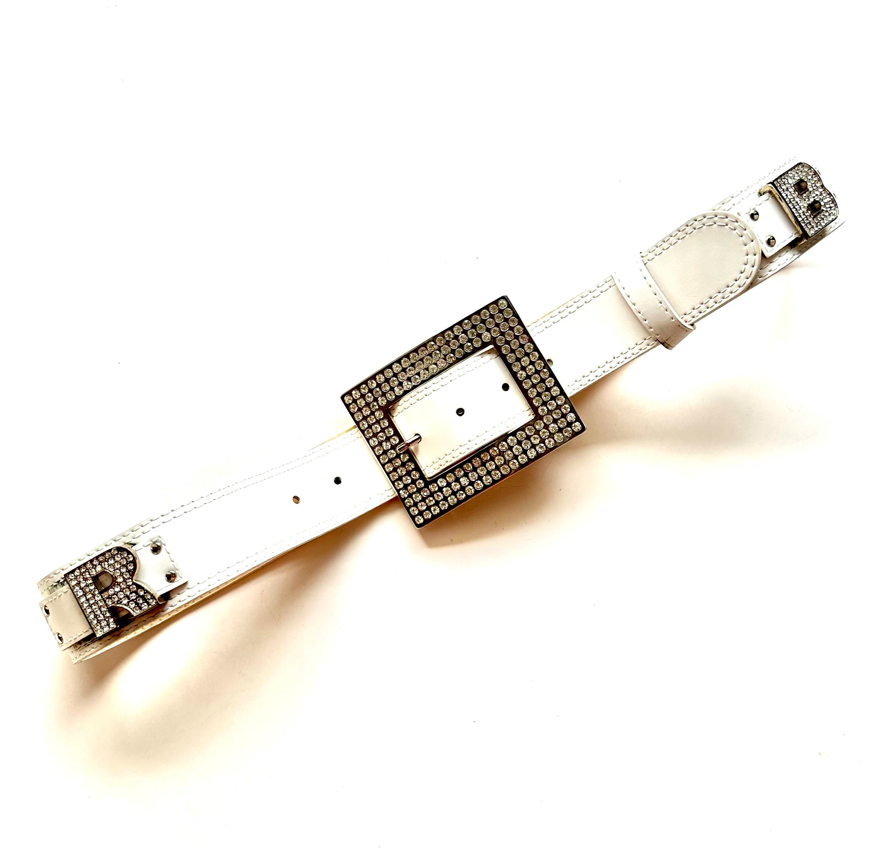Vintage Rhinestones Buckle Leather Belt Roccobarocco White  display picture 2