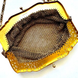 Pu&ograve; includere: Una borsa a rete metallica dorata con un design decorativo traforato. La borsa ha una tracolla a catena e una chiusura a scatto.