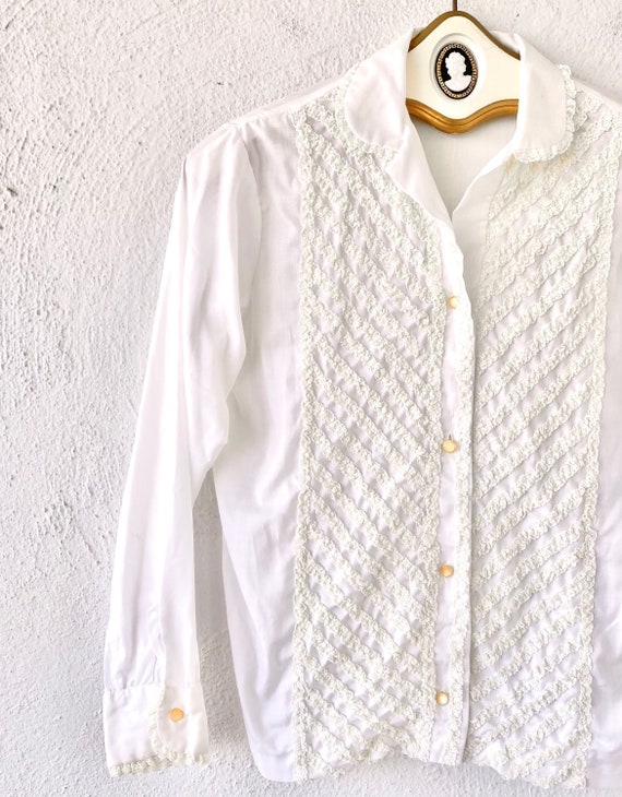 Vintage 70s Prairie Lace Collar Shirt White Ruffl… - image 6